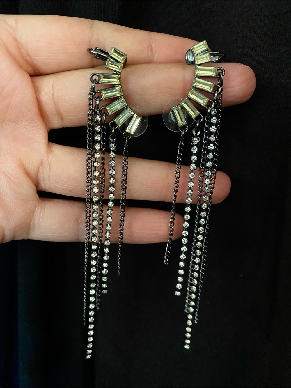 Long Black and Clear Crystal Fringe Drop Cuff Style Earrings